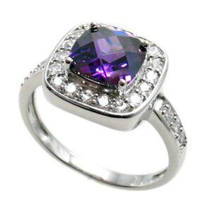 EXQUISITE SQUARE CUT AMETHYST PURPLE COLORED CZ COCKTAIL RING IN STERLING SILVER